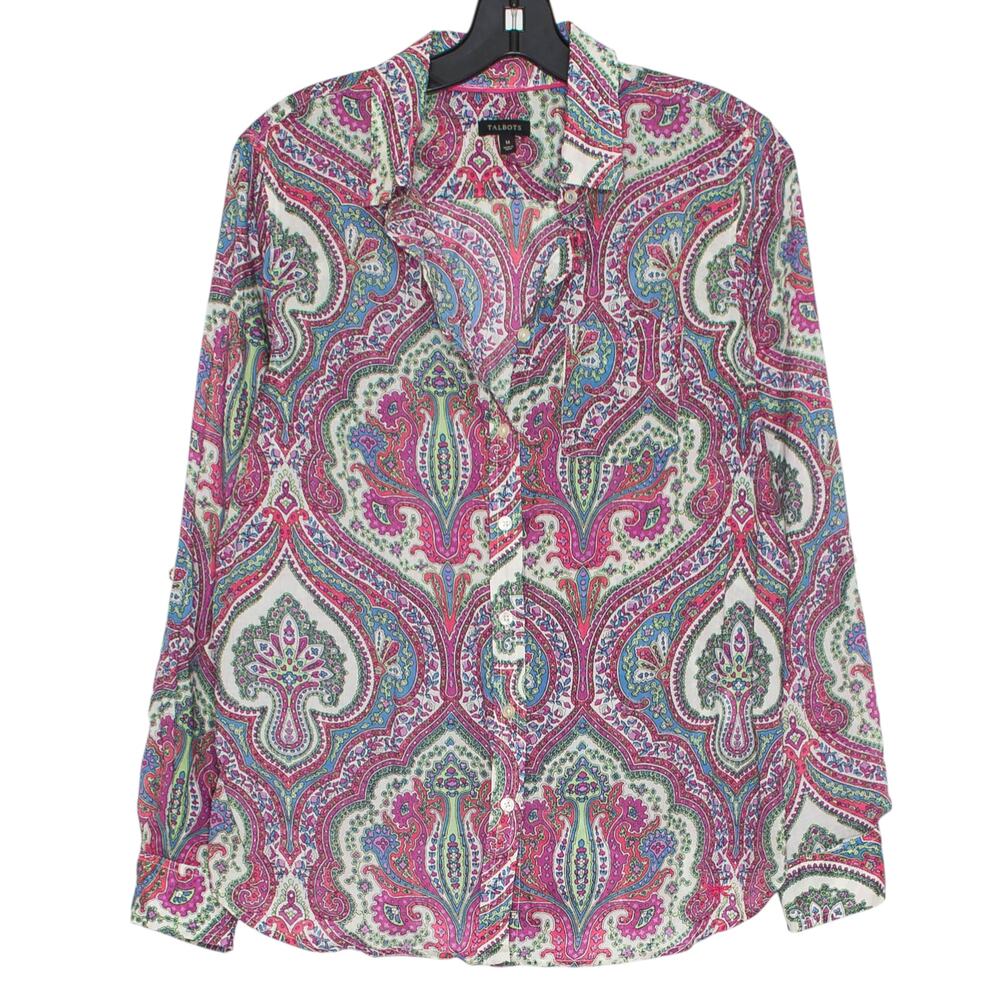 Talbots Top Sheer Lightweight Roll Tab Cottage Artsy Maximalist Button Up Medium